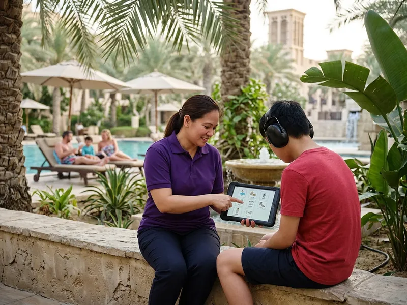 A support worker and a teenager wearing ear defenders looking at a picture schedule in a Dubai resort garden